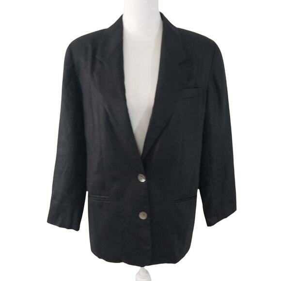 TALBOTS PETITES! PURE LINEN! GORGEOUS BLACK JACKET MOTHER/PEARL BUTTONS! SZ 10P - Picture 2 of 8